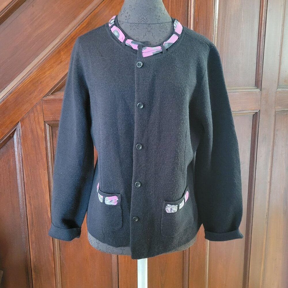 Pendleton Womens Black Cardigan Sweater With Pink Camouflage Trim Size L Wool/Ac